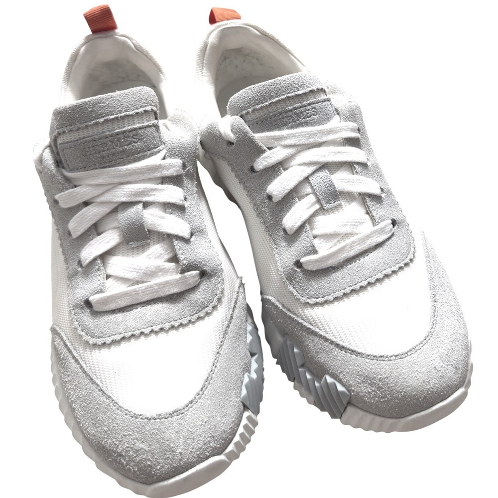 Hermes Bouncing Sneakers White Grey Technical Silk Suede Size 37 Luxury Trainers